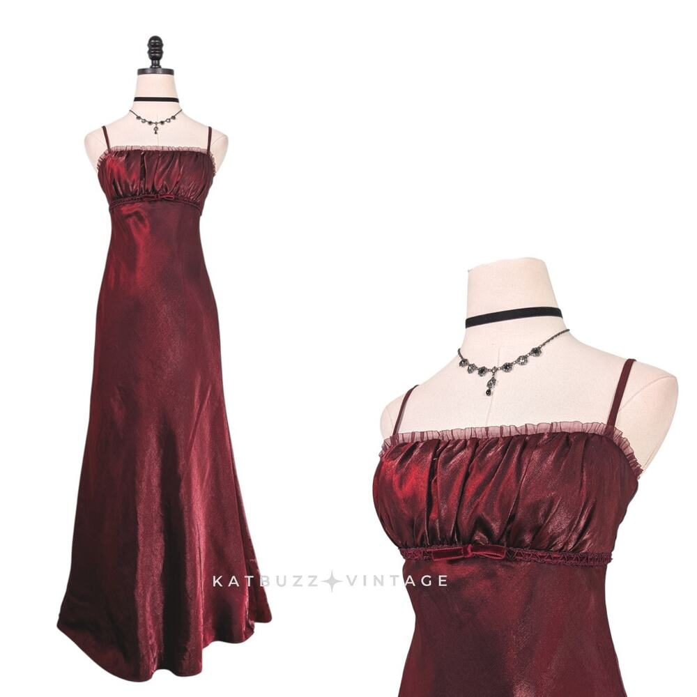 Vintage Prom Dress Maxi Gown 2 Red Babydoll 90S Y2K Princess Empire Rufffle Bow